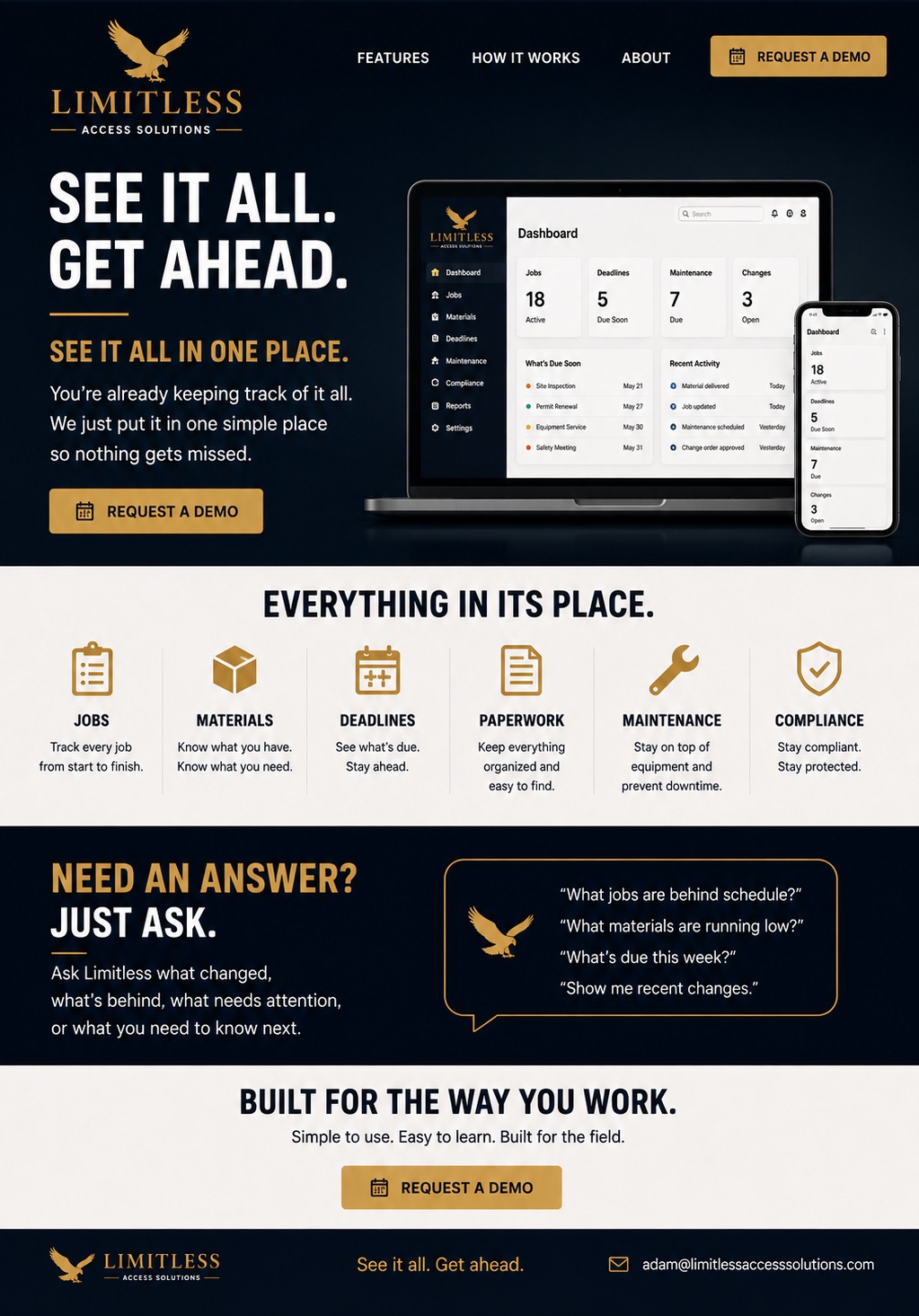Limitless Access Solutions homepage showing an operations dashboard, product features, and demo call to action.